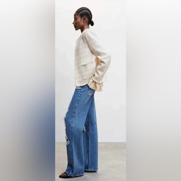 🩷 Mango, Tweed jacket with ruffled cuffs - Ecru. Size: S (US). NWT. - Picture 5 of 12